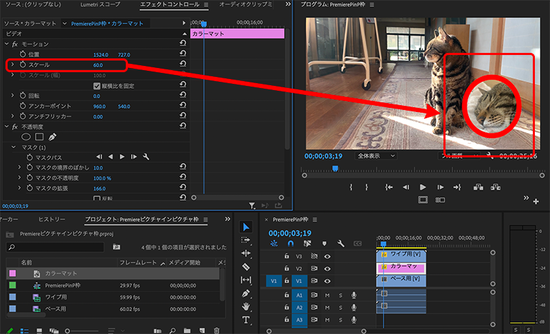 Premiere Pro ワイプの枠の作成方法 ピクチャインピクチャの設定 ドウガク